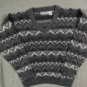 Vintage 90s BUGLE BOY‎ V Neck Sweater Knit Abstract Gray Grandpa Grunge Sz M